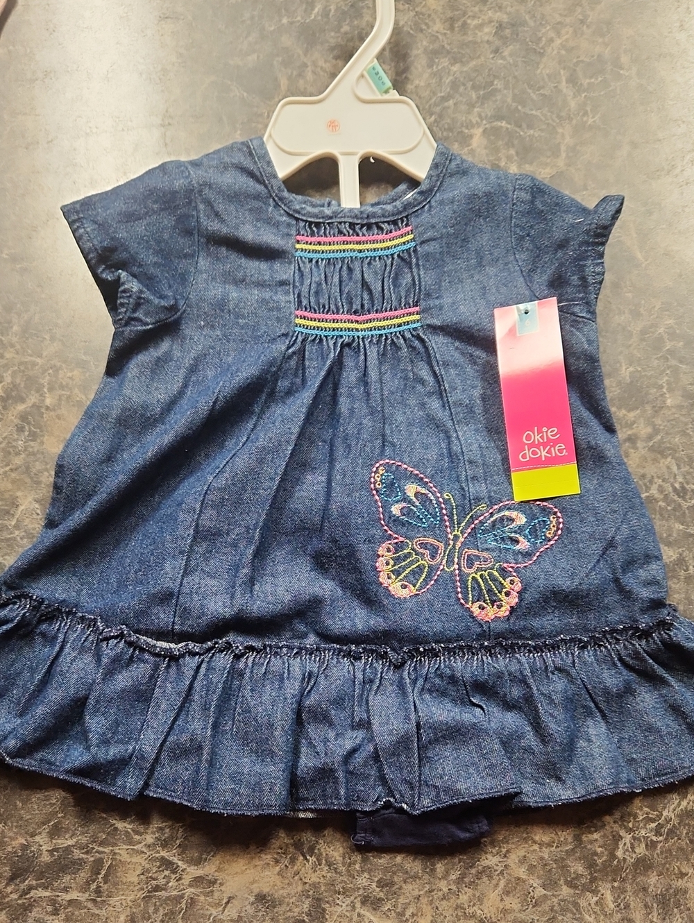 okie dokie Dark Blue Denim Butterfly Tunic with Multicolor Stitching